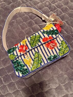 Viral TJ Maxx Hibiscus Striped beaded Floral Shoulder Bag in Blue, Green and Red